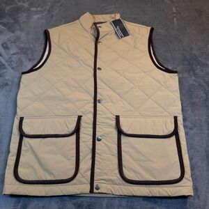 Roundtree & Yorke Quilted Vest Tan Beige Brown Trim Snap Front Mens Large NWT
